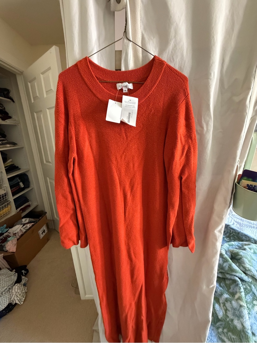 Long Sleeve Knit Midi Dress — Red-Orange